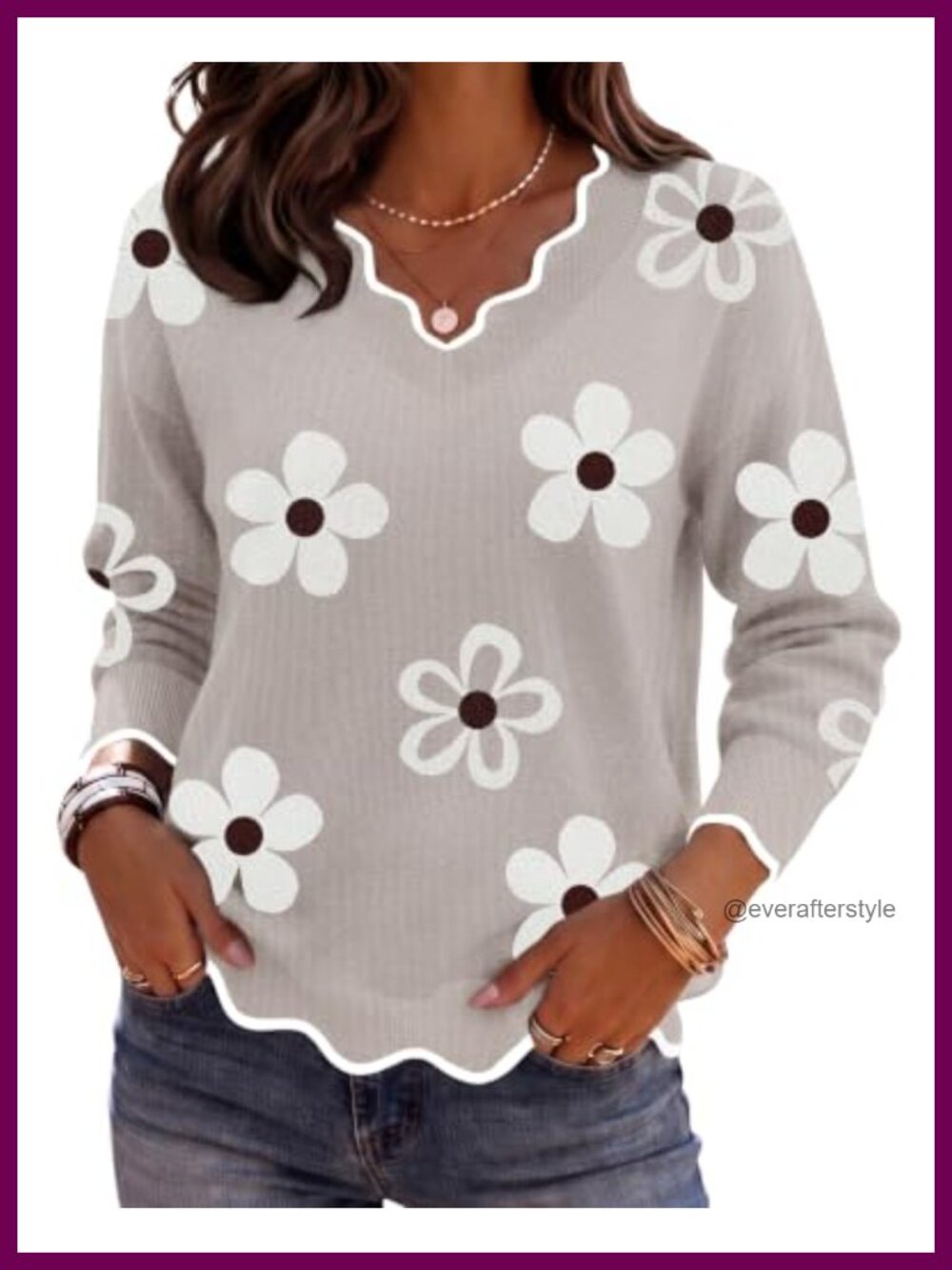 Zeagoo Womens V-Neck Floral Sweater Long Sleeve Knit Pullover